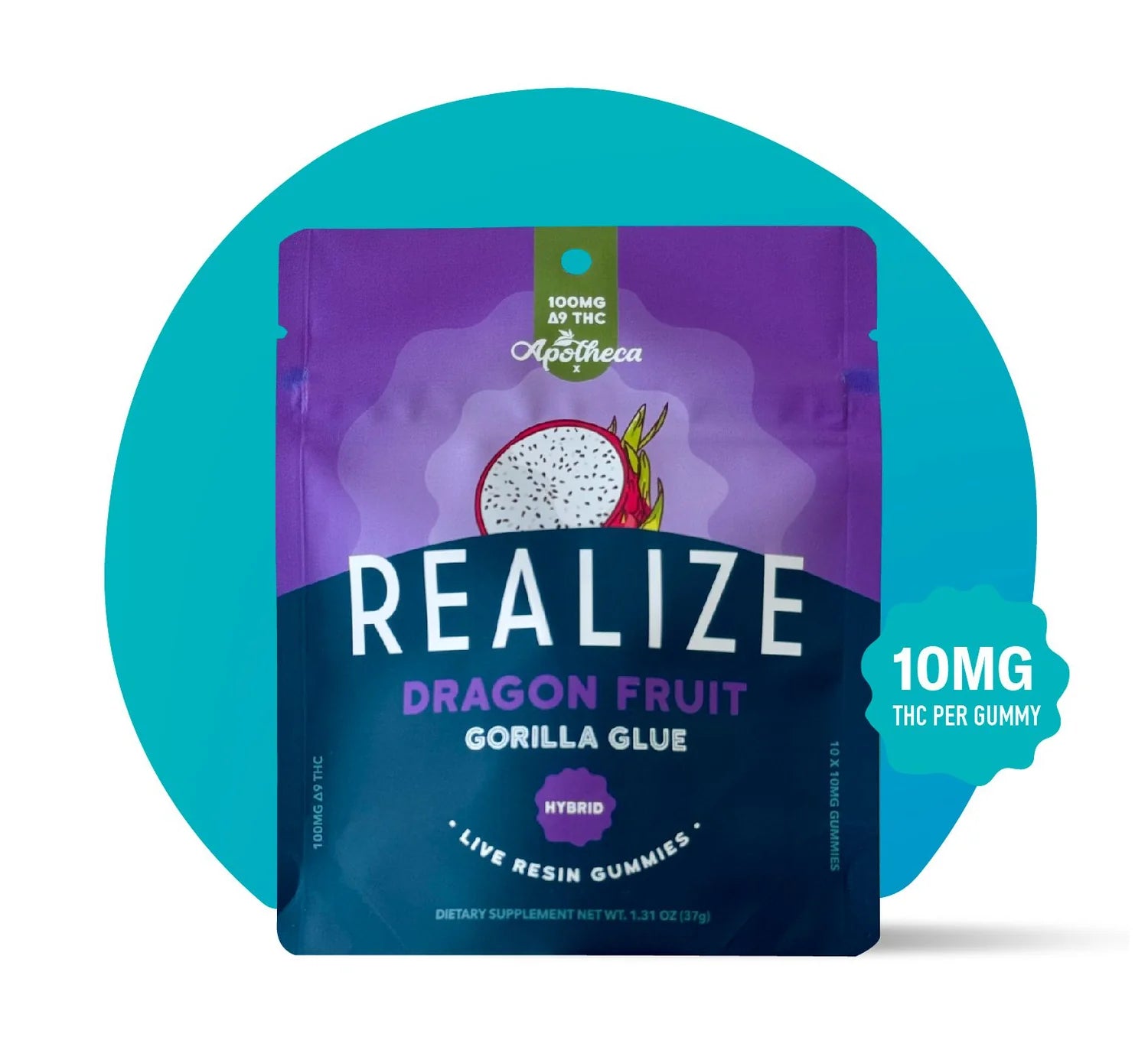 A package of đ Realize Delta-9 Gummies â 100mg Live Resin by Realize, labeled as fast-onset THC edibles with 100mg Delta-9 THC per pack and 10mg per gummy, featuring a dragon fruit illustration.
