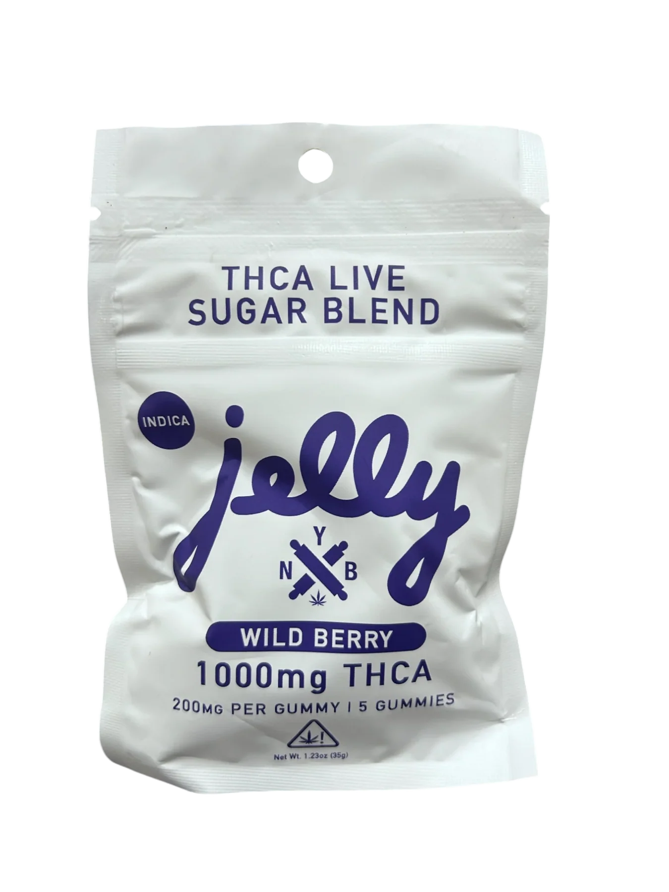 A white resealable pouch labeled Jelly in bold blue letters contains Jelly THCA Live Sugar Blend Gummiesβ15 hemp-derived edibles with live resin sugar, each gummy 200mg THCA, totaling 3000mg per pack.