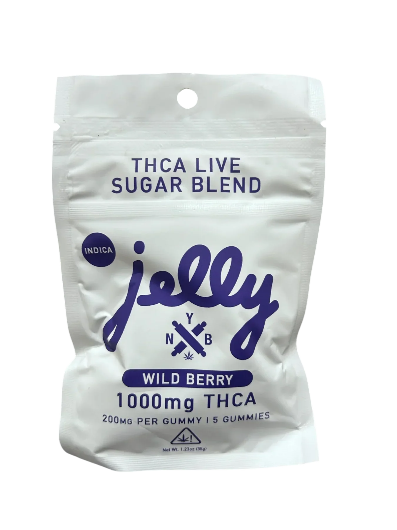 A white resealable pouch labeled Jelly in bold blue letters contains Jelly THCA Live Sugar Blend Gummies—15 hemp-derived edibles with live resin sugar, each gummy 200mg THCA, totaling 3000mg per pack.