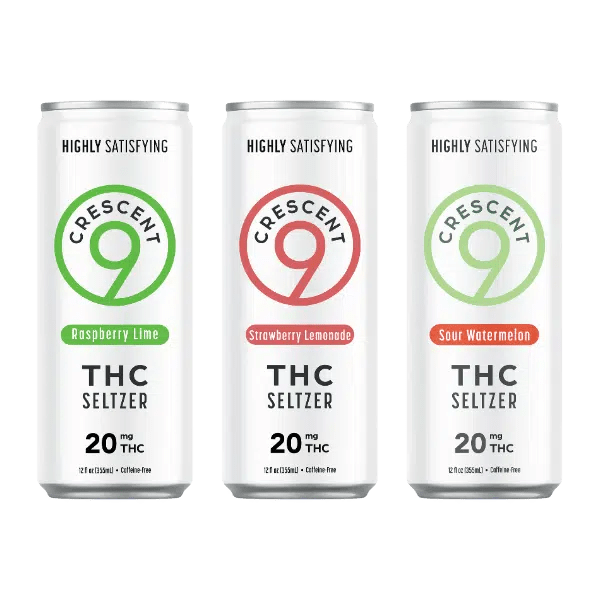 Three cans of Crescent Canna’s Crescent 9 THC Seltzer 20mg in Raspberry Lime, Strawberry Lemonade, and Sour Watermelon. Each sugar-free can contains 20 mg hemp-derived THC and is labeled Highly Satisfying.