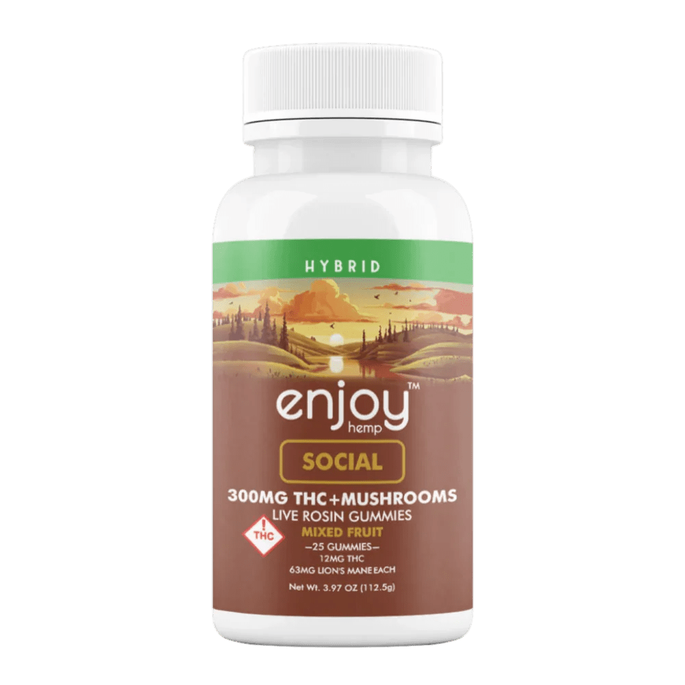 A white bottle of Enjoy Hemp’s Enjoy Live Rosin Social THC + Mushroom Gummies 300mg features a landscape label, hybrid type, mixed fruit flavor, and contains 25 gummies per bottle.
