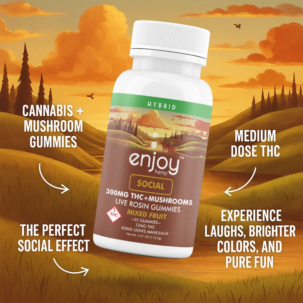 A white bottle of Enjoy Hemp’s Enjoy Live Rosin Social THC + Mushroom Gummies 300mg features a landscape label, hybrid type, mixed fruit flavor, and contains 25 gummies per bottle.