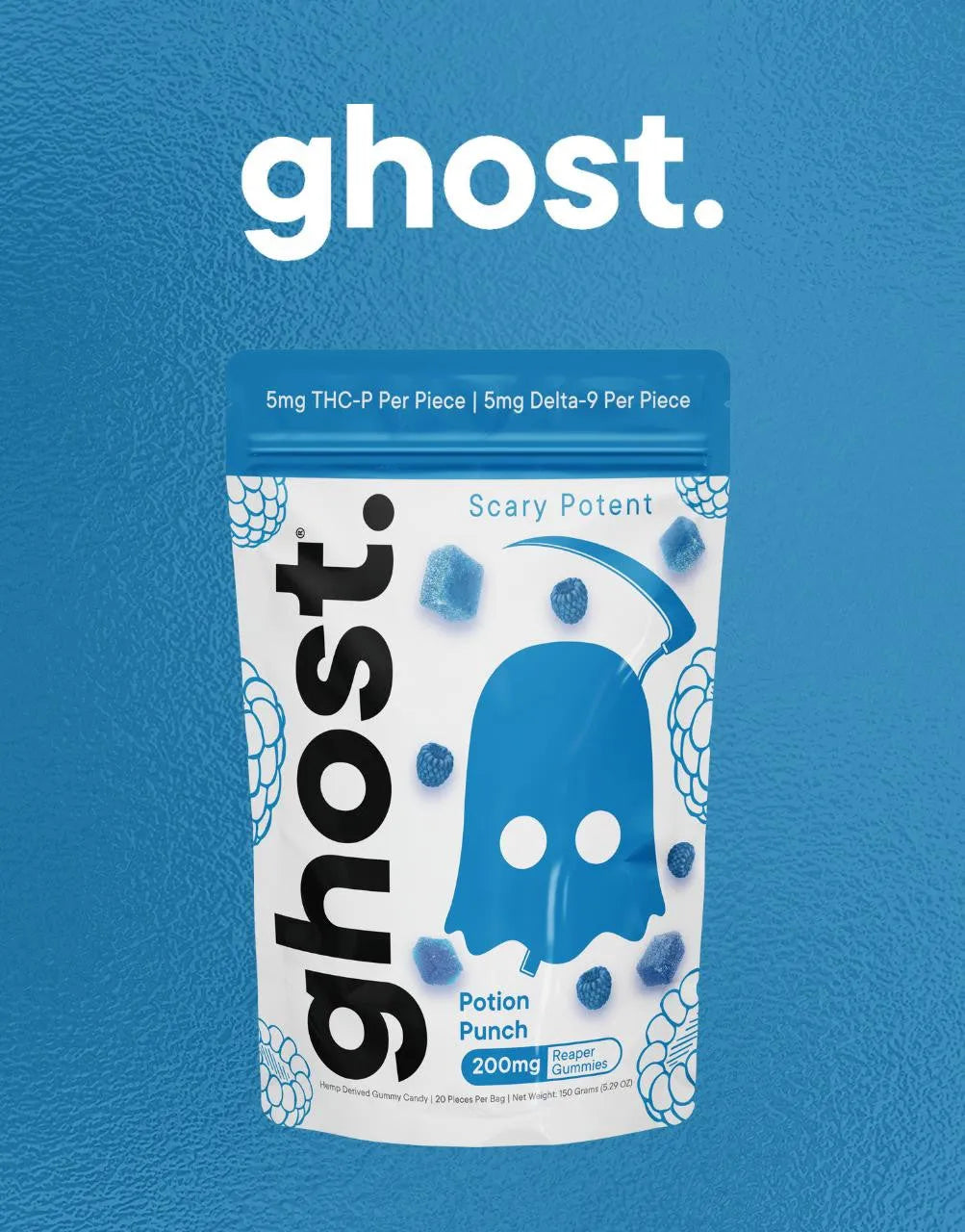 Ghost Potion Punch gummies with 5mg THC-P & Delta-9 per piece, 200mg total, scary potent reaper gummies