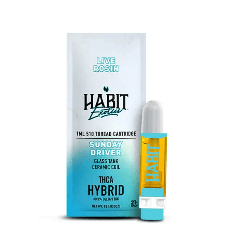 The Habit Exotics Live Rosin Cartridge 1G by Habit is a papaya-flavored vape. Its packaging features white with orange and yellow gradients, black text, and the cartridge displayed beside the box.