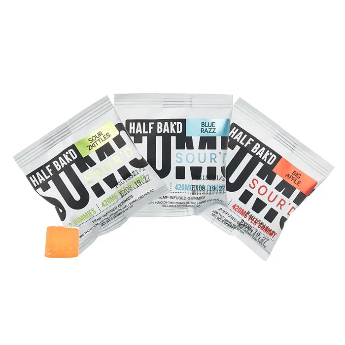 A silver packet labeled Half Bak’d Sumo Sour’d Gummies | 420mg (2ct) by Half Bak'd contains 2 hemp-infused gummies. The packaging features bold black and blue text on a white background.