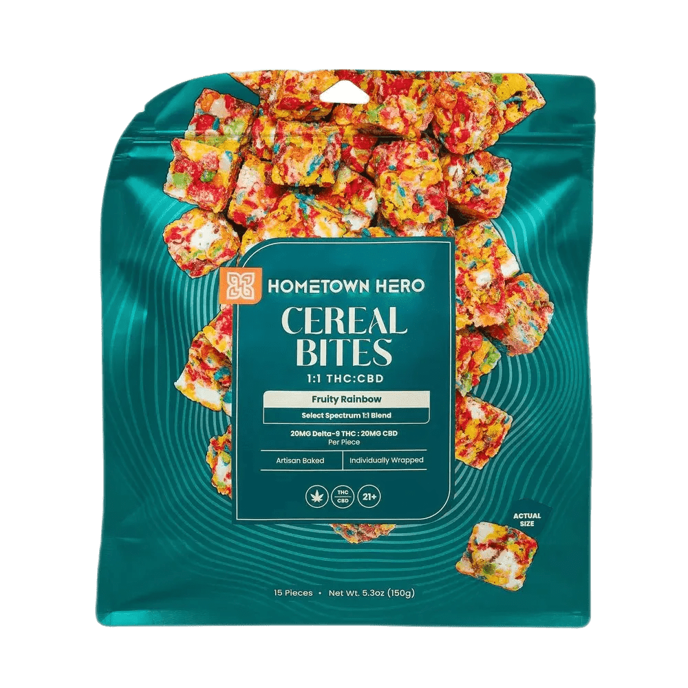 The Hometown Hero Delta 9 Cereal Bites 15ct Bag features Fruity Rainbow 1:1 THC+CBD edibles—20mg each, artisan baked, individually wrapped crispy squares. For ages 21+.