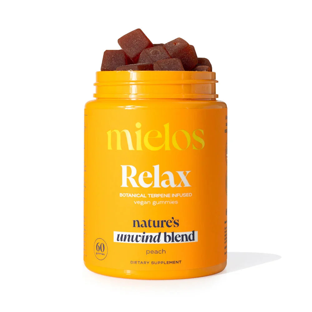Orange bottle of Mielos Relax vegan peach gummies for relaxation, botanical terpene infused