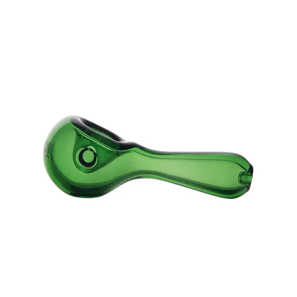 Green glass hand pipe for smoking, cannabis accessory with ergonomic design
