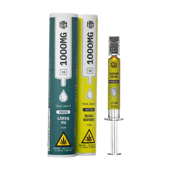 THCA Uncut 1000mg syringes in Indica Larry OG and Sativa Maui Wowie flavors, premium hemp products