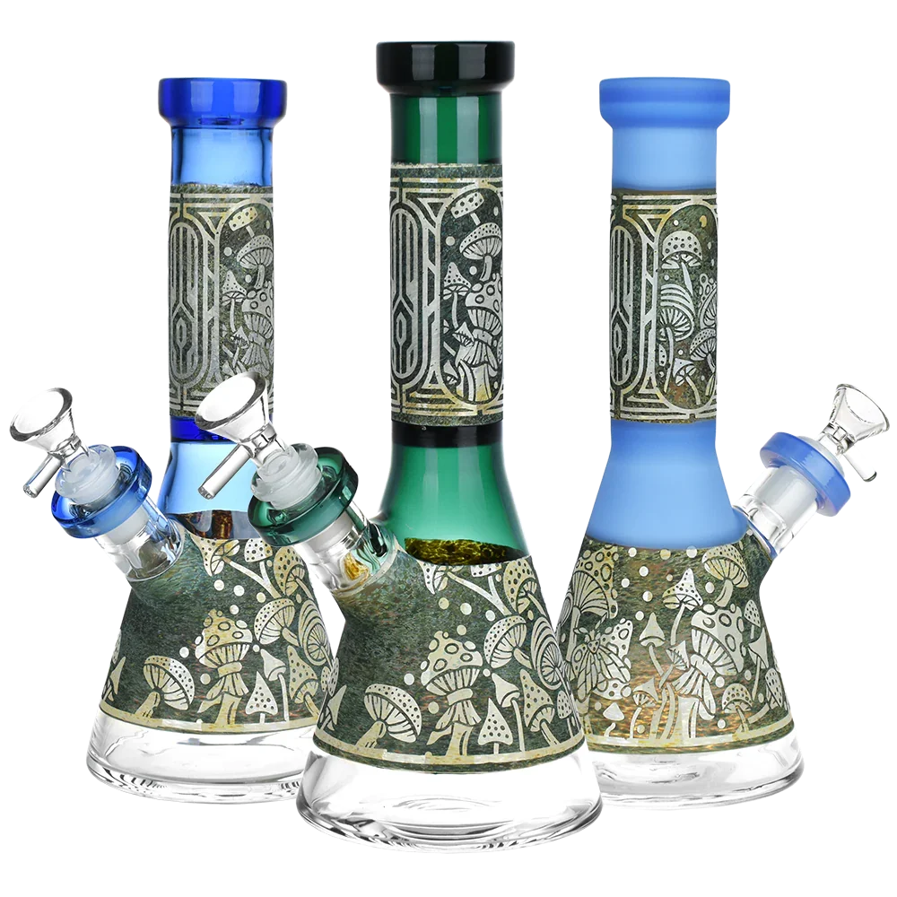 Mushroom Melange Etched Glass Beaker Water Pipe Seshgear Coastal Hemp Co
