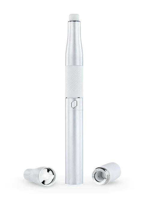 The Puffco Plus 3.0 Vaporizer by Puffco features a sleek silver and white design with removable mouthpiece and base cap, revealing its internal components—ideal for discreet, portable concentrate sessions.