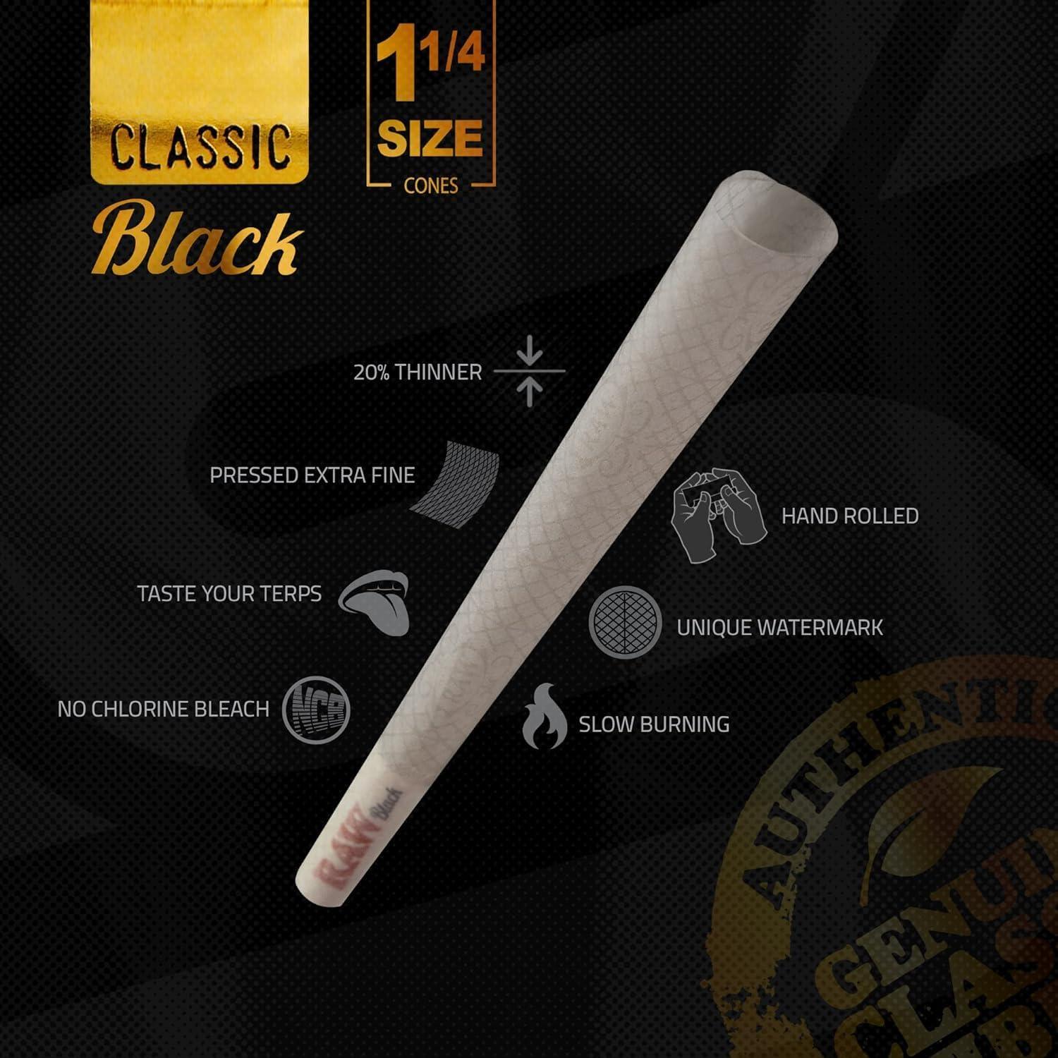 RAW Black Raw Classic Pre-rolled Cones 1-1/4 Packed  with Packing Tubes - Coastal Hemp Co