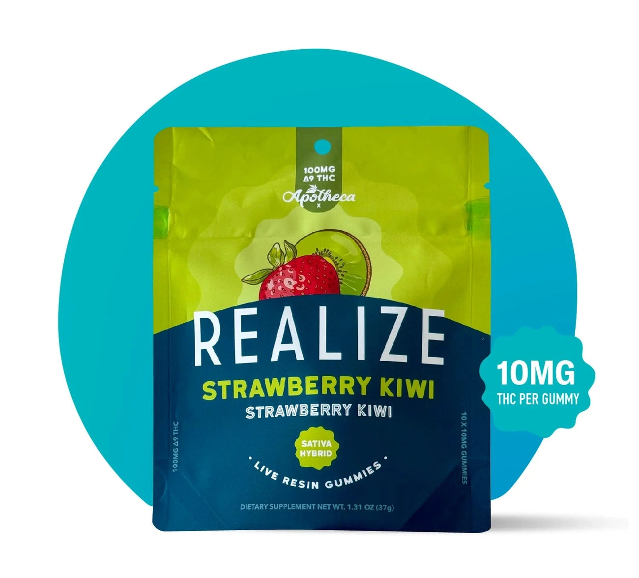 A package of ๐ Realize Delta-9 Gummies โ 100mg Live Resin by Realize, labeled as fast-onset THC edibles with 100mg Delta-9 THC per pack and 10mg per gummy, featuring a dragon fruit illustration.