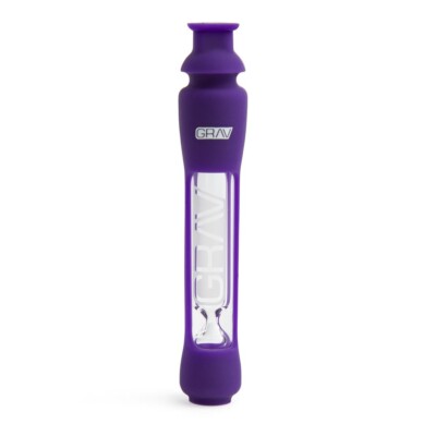 A Grav 12MM Taster w/ Silicone Skin, black and clear glass with "GRAV" printed on the side, is shown upright on a white background with a subtle reflection underneath.