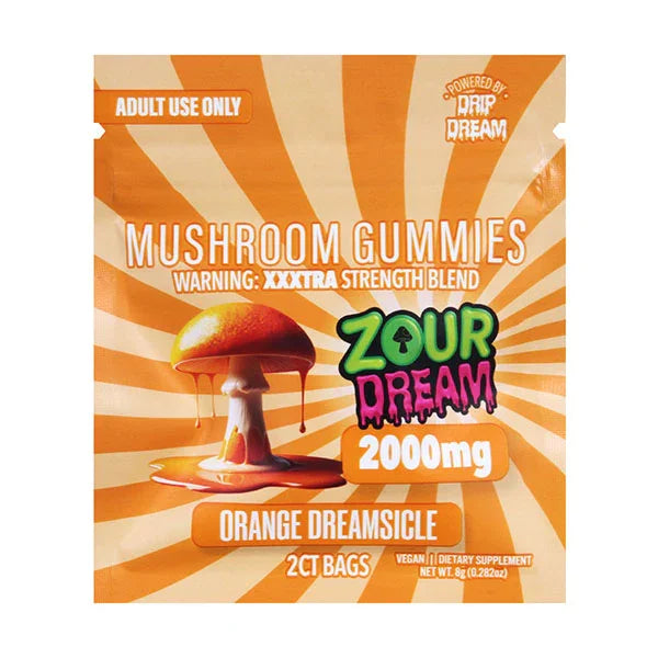 An orange and cream package labeled Zour Stash Zour Dream Mushroom Gummies 2Pk, Orange Dreamsicle, 2000mg, features a mushroom dripping orange liquid. This XXTRA Strength nootropics blend is for adults only and offers a microdosing experience.