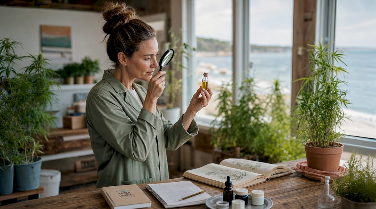 Botanist inspecting hemp oil sample in greenhouse