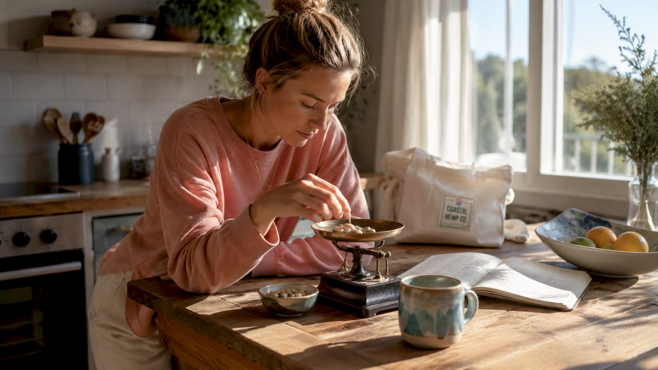 Person weighing hemp supplement capsules at table
