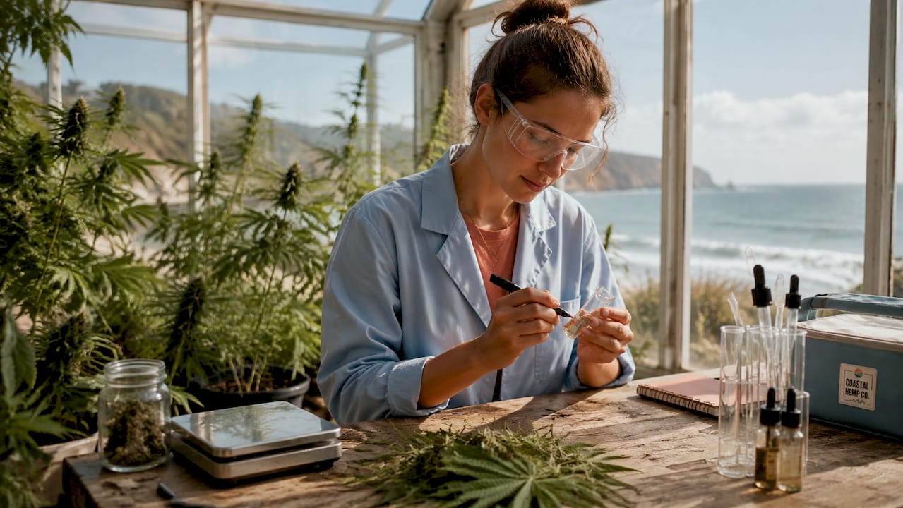 Scientist examining hemp product vial in lab