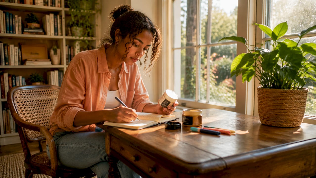 Woman studying hemp product at kitchen table