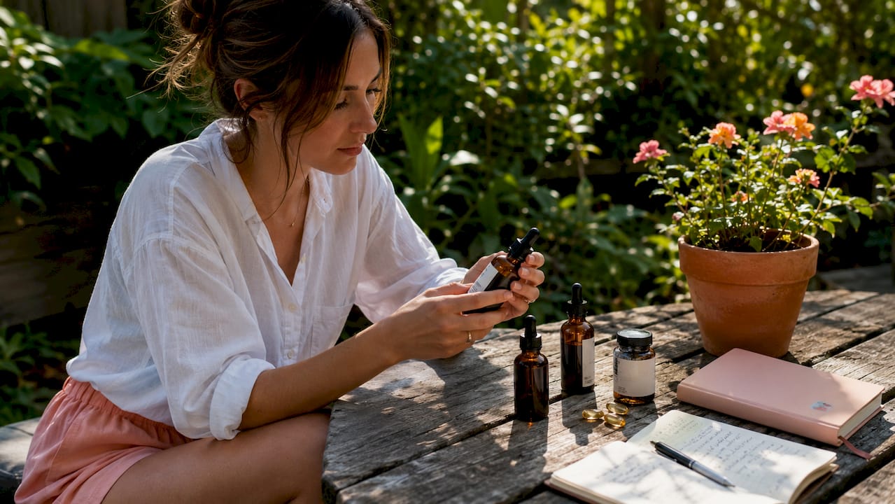Woman examining hemp wellness products in kitchen