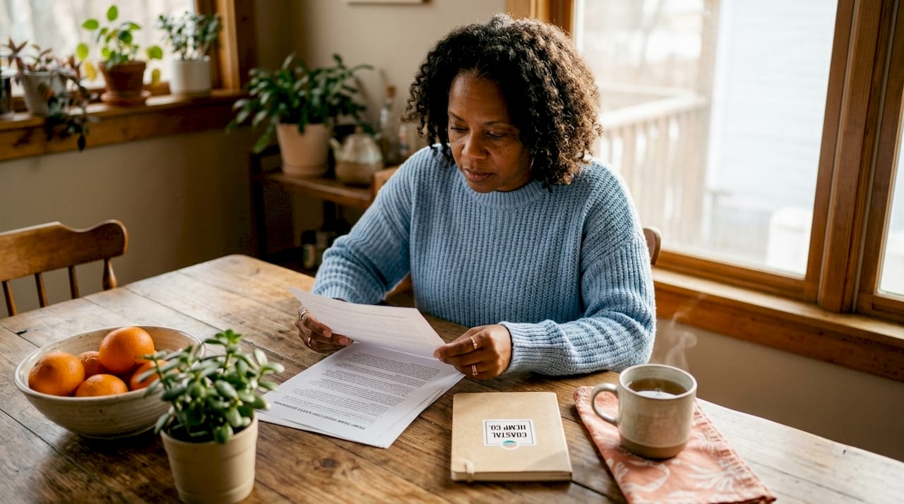 Woman reading hemp harm reduction safety guidelines