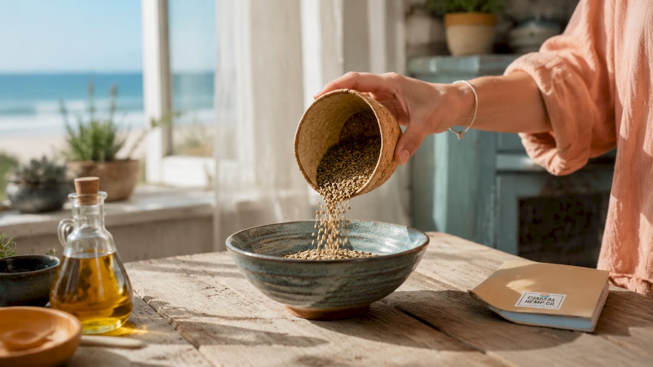 Hand holding raw hemp seeds over kitchen table