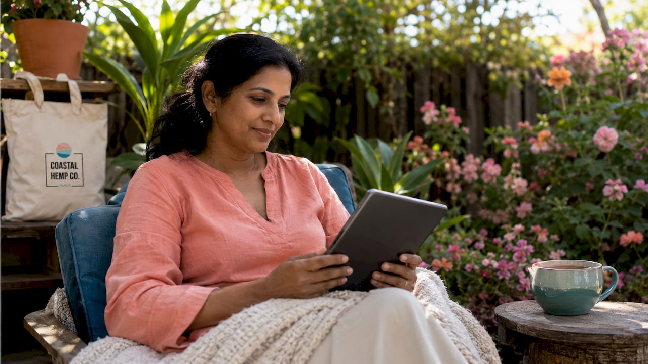 Woman browsing hemp marketplace on laptop at kitchen table
