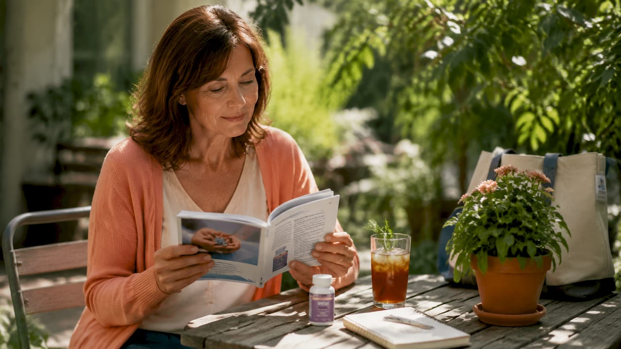Woman reading hemp CBD pamphlet in living room