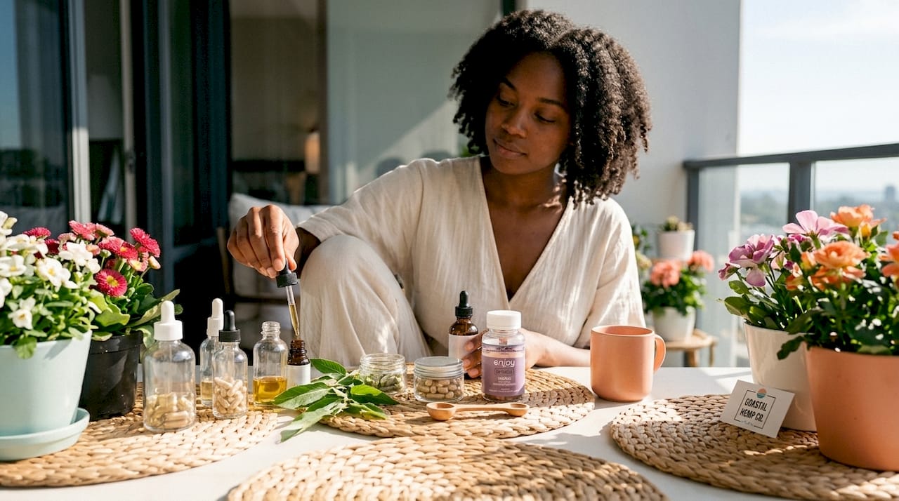 Woman organizing hemp wellness products on table