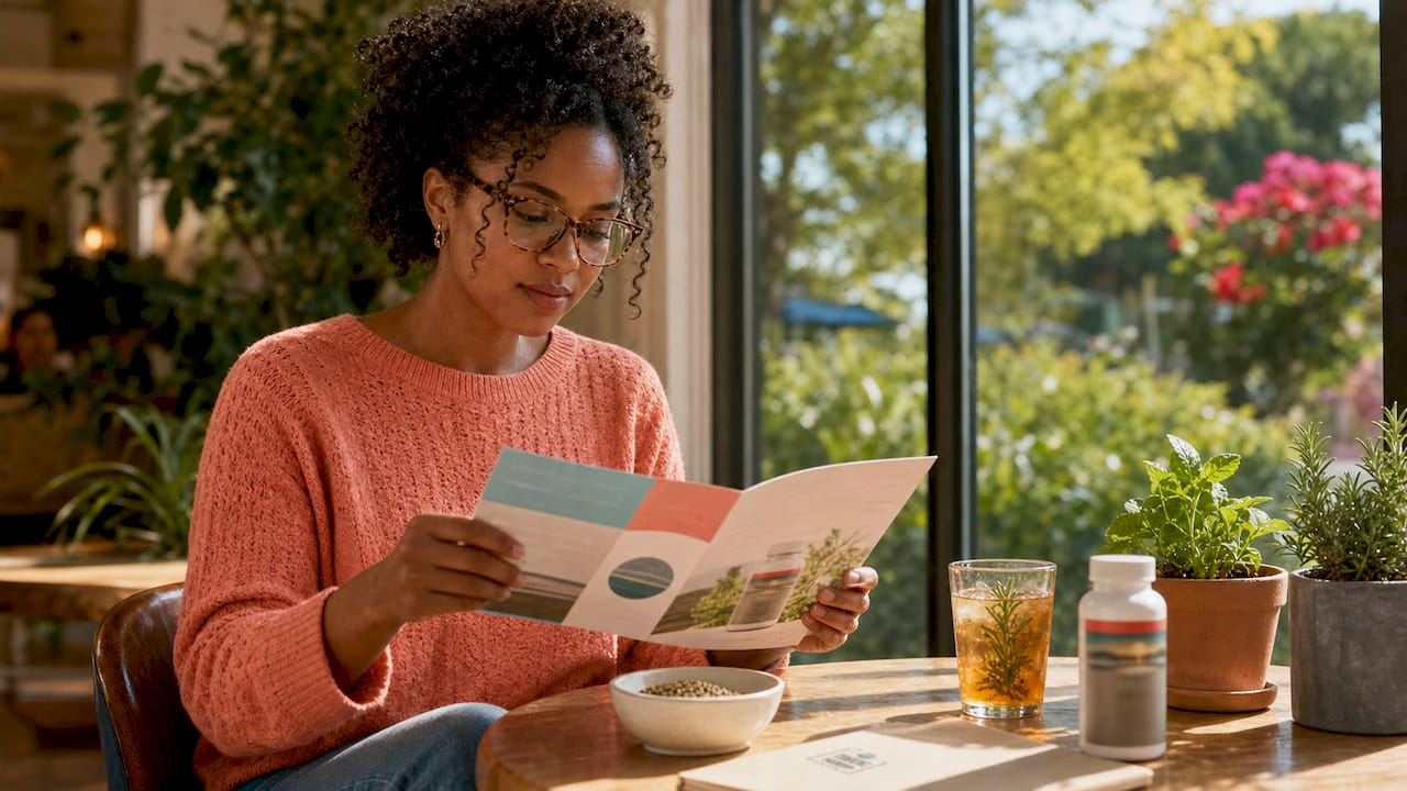 Woman reading hemp digestive supplements at table