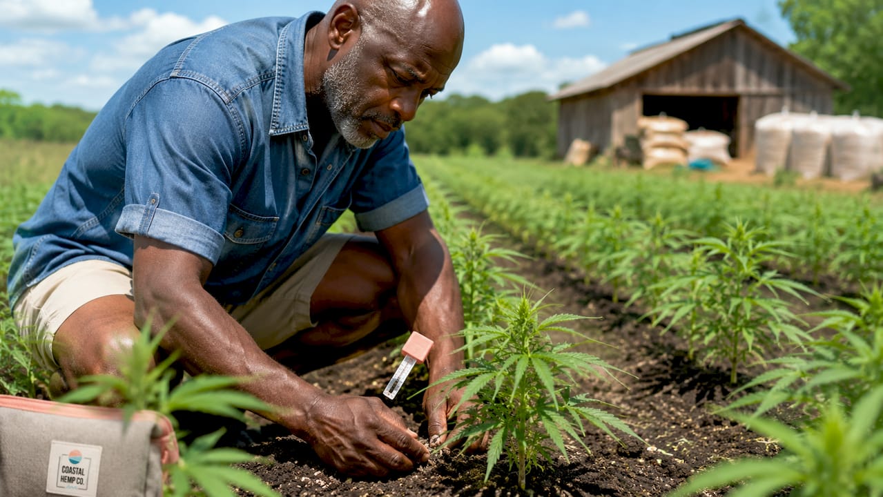 Farmer inspecting organic hemp field soil