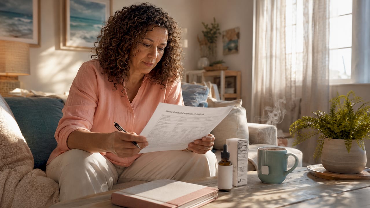 Woman reviewing hemp product certificate at home table