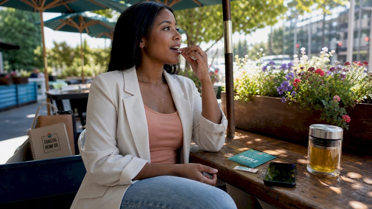 Woman discreetly using hemp oral pouch in café