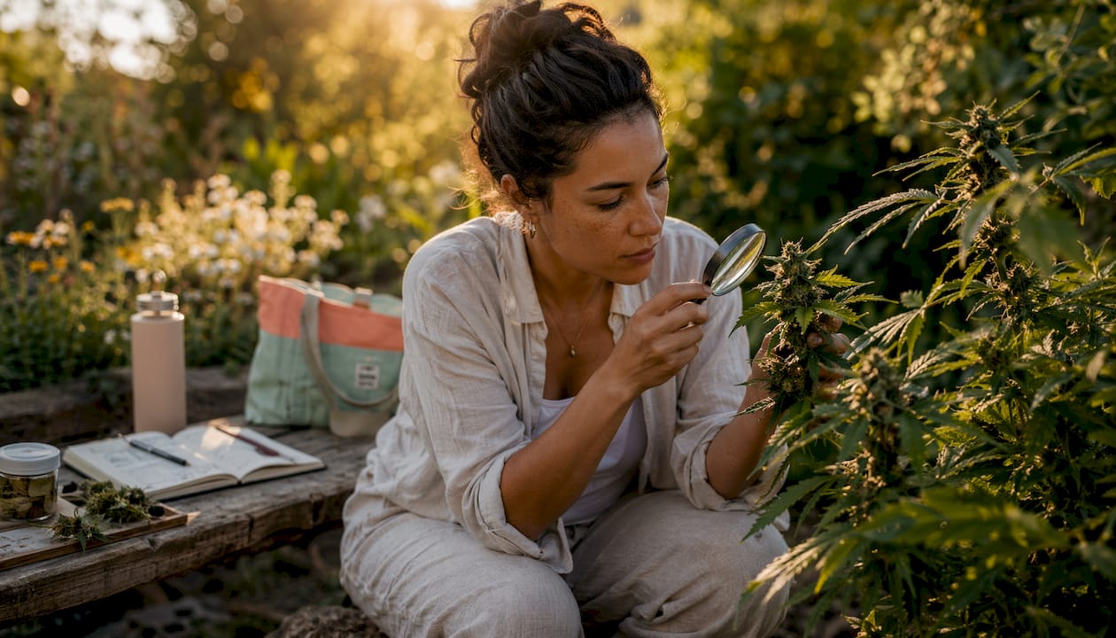Botanist examining hemp THCA flowers in greenhouse