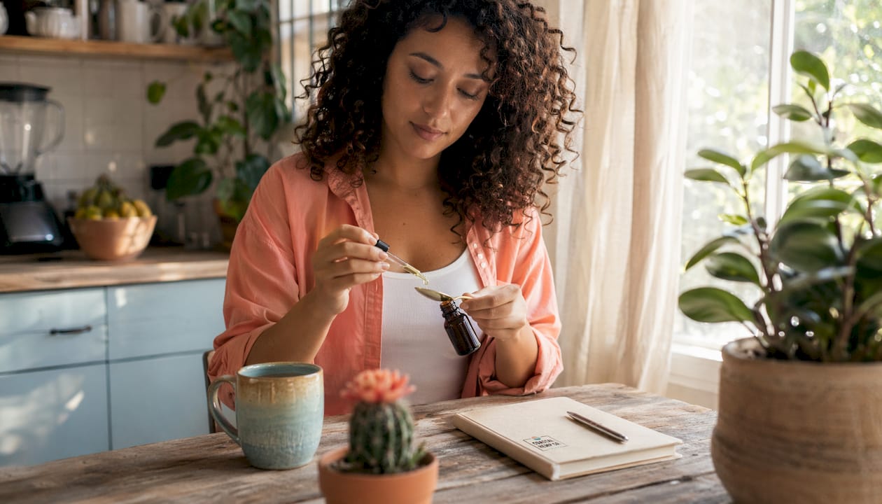 Woman measuring hemp oil dose at kitchen table