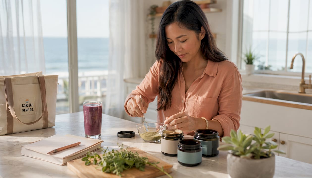 Woman preparing hemp supplement at home