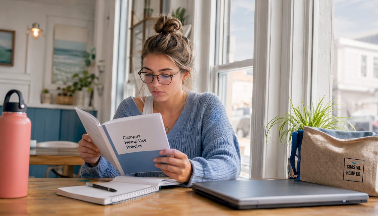 Student reading hemp campus regulations booklet