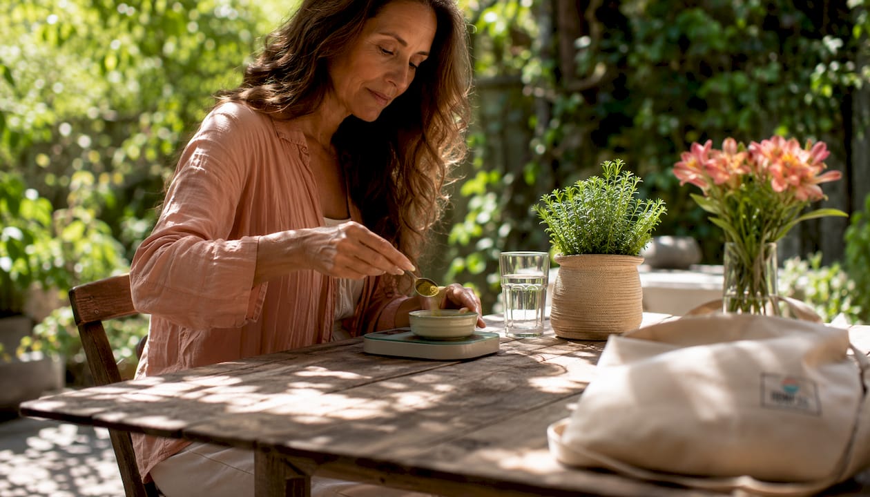 Woman preparing daily hemp supplement at home