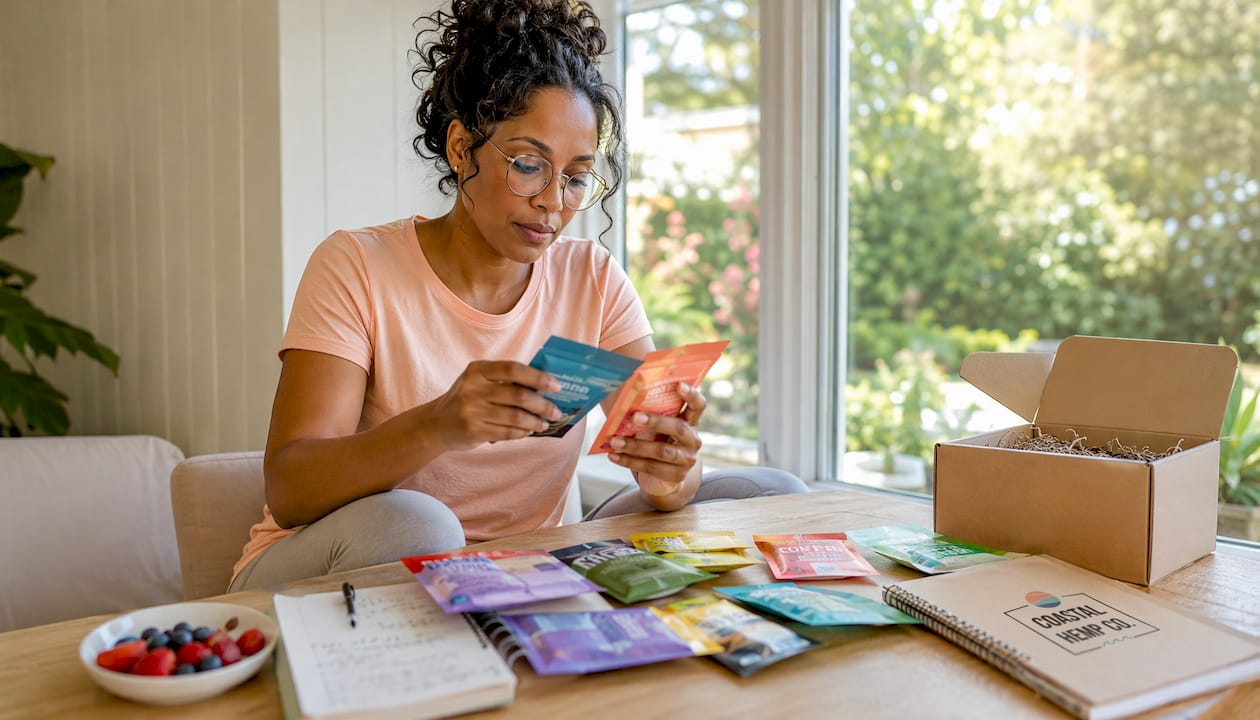 Woman comparing hemp edible prices at kitchen island