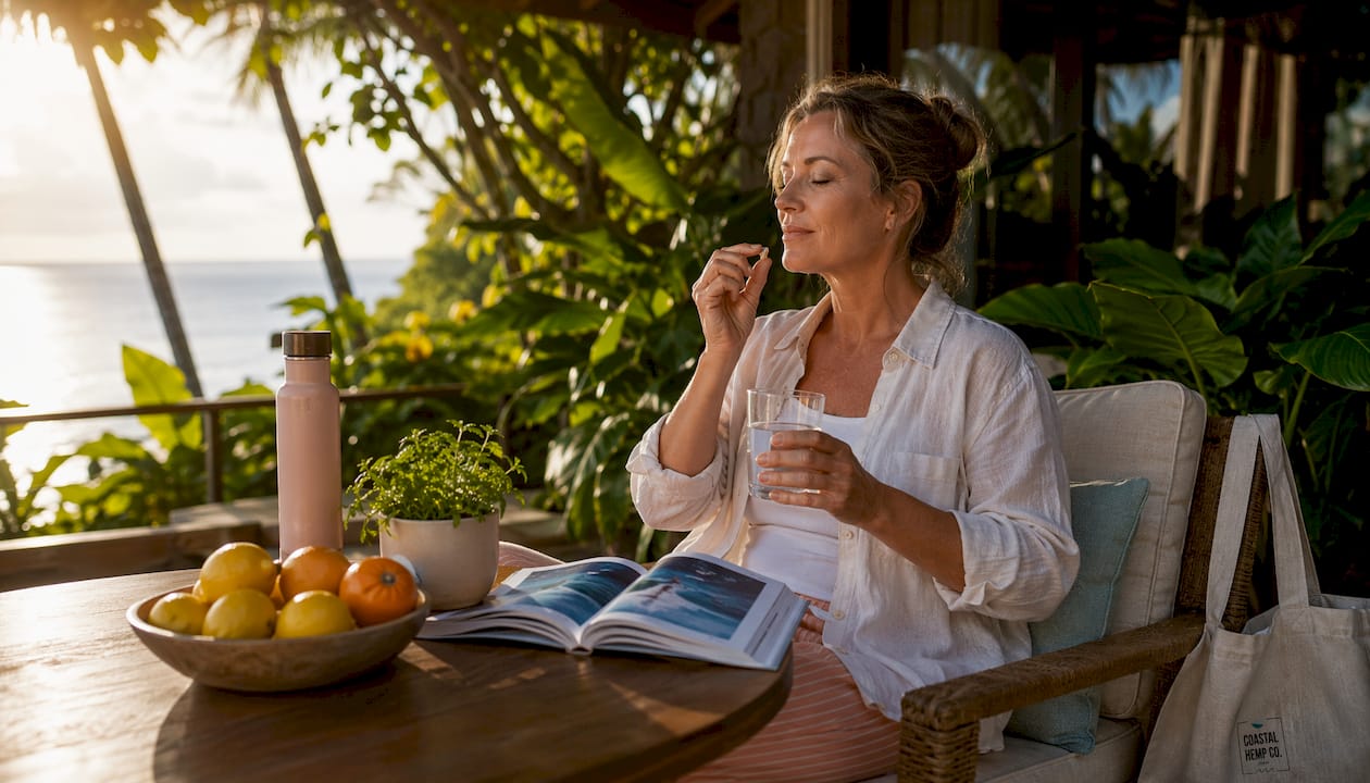 Woman taking hemp capsule at kitchen table