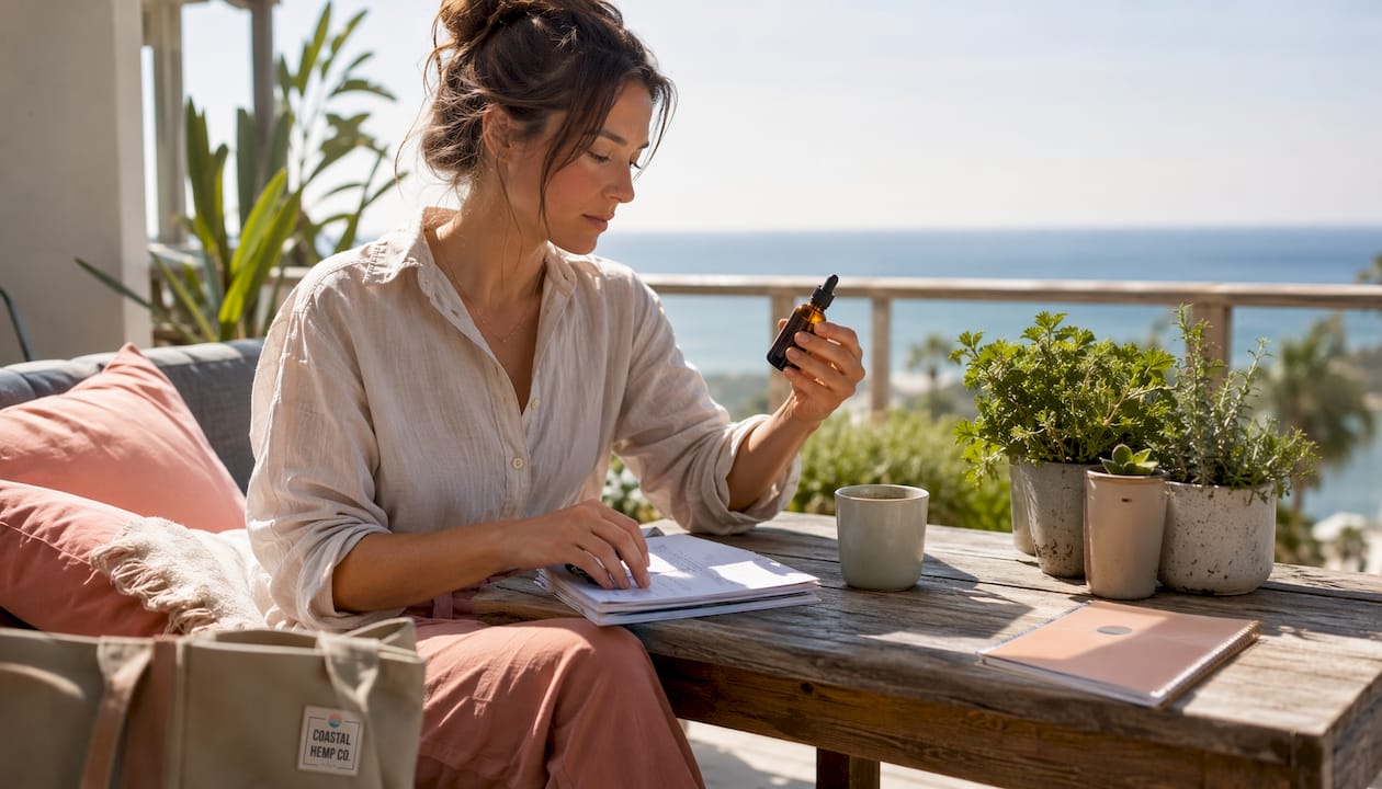 Woman examining hemp biohacking product at desk
