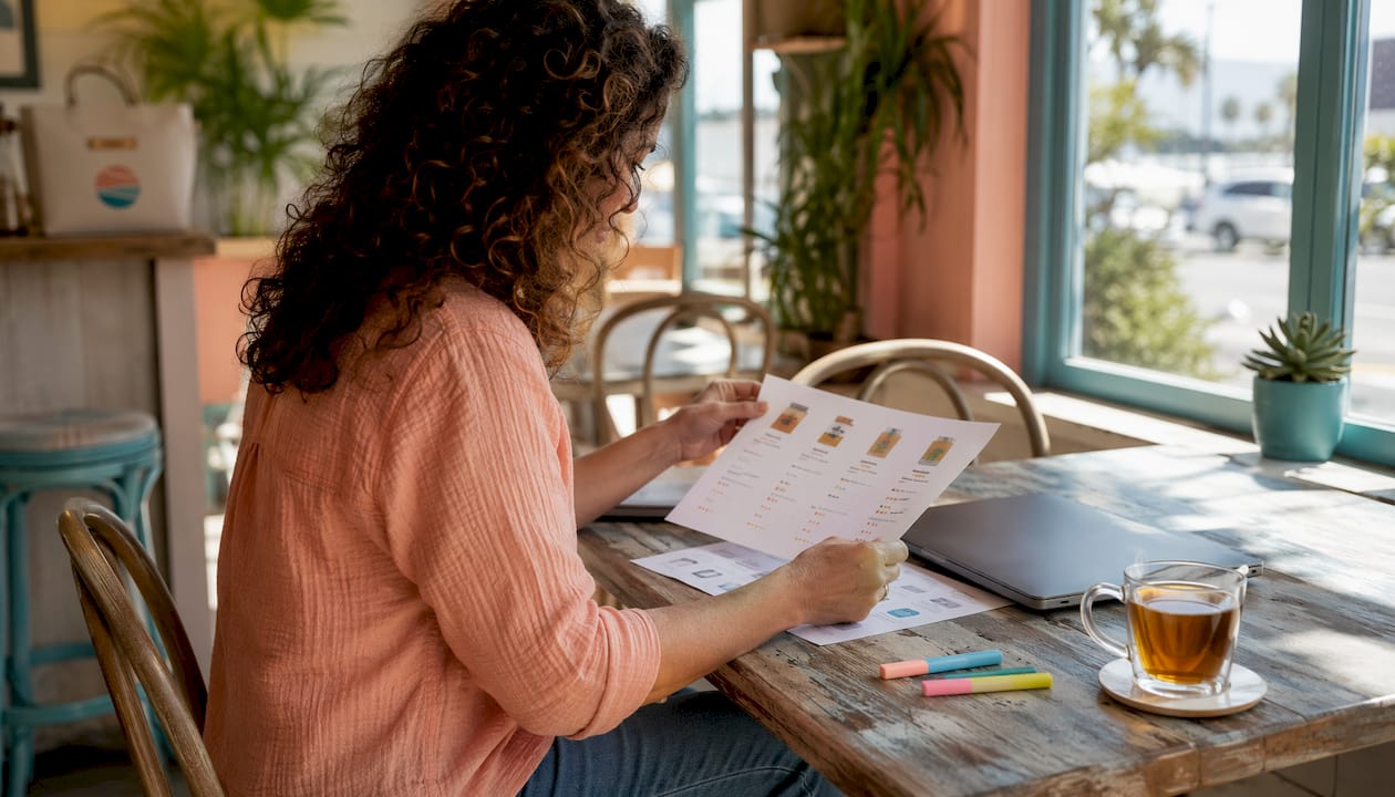 Woman comparing hemp edible products at kitchen table