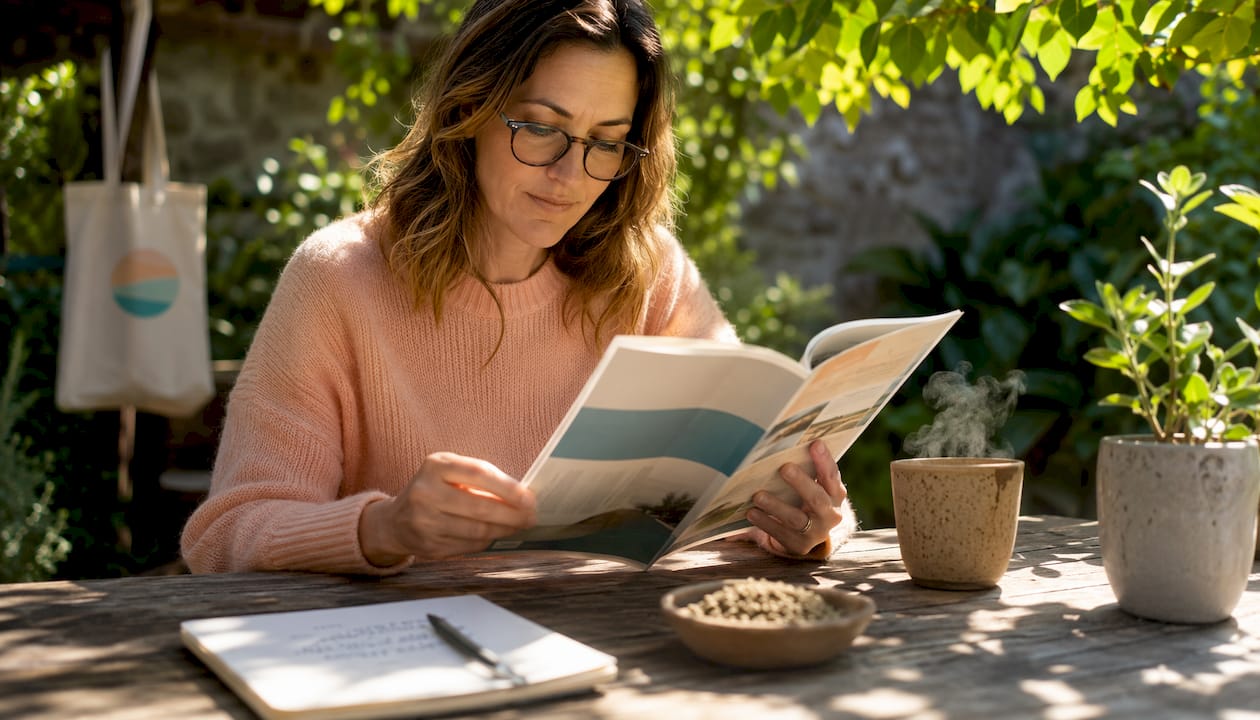 Woman reviewing hemp hormone balance guide at kitchen table