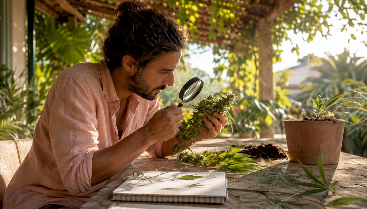 Botanist examining a hemp plant indoors