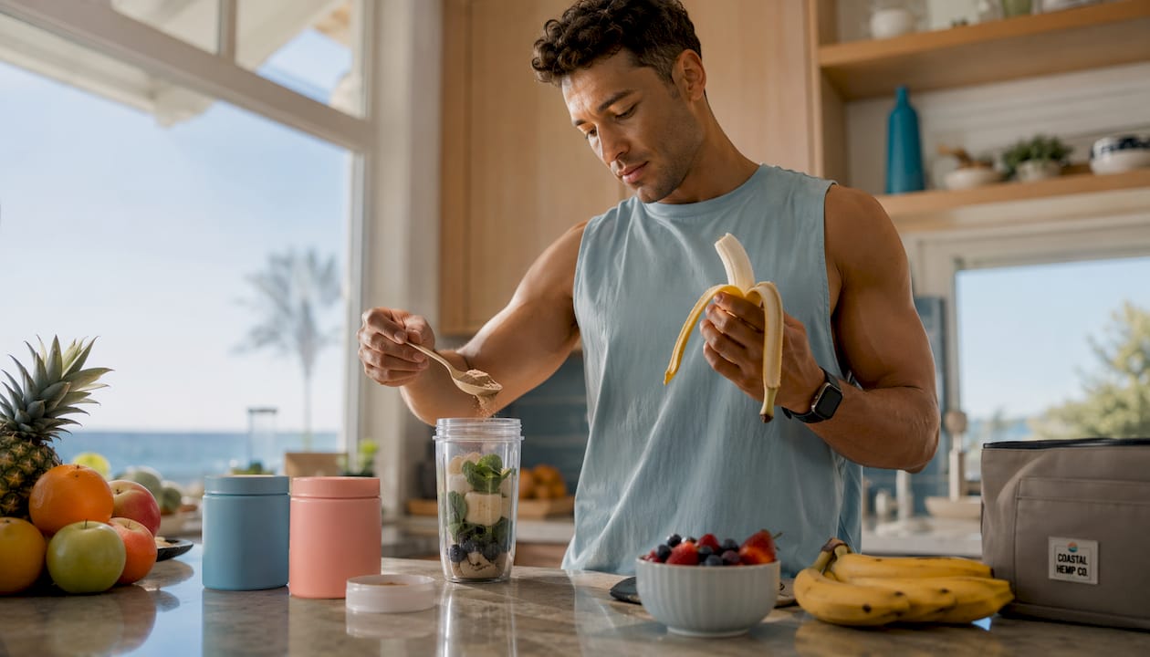 Athlete adding hemp and cordyceps supplements to smoothie