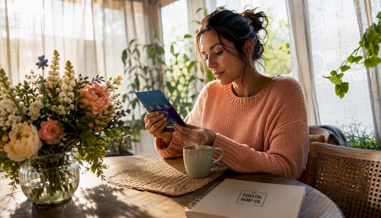 Woman reading hemp edible label in kitchen
