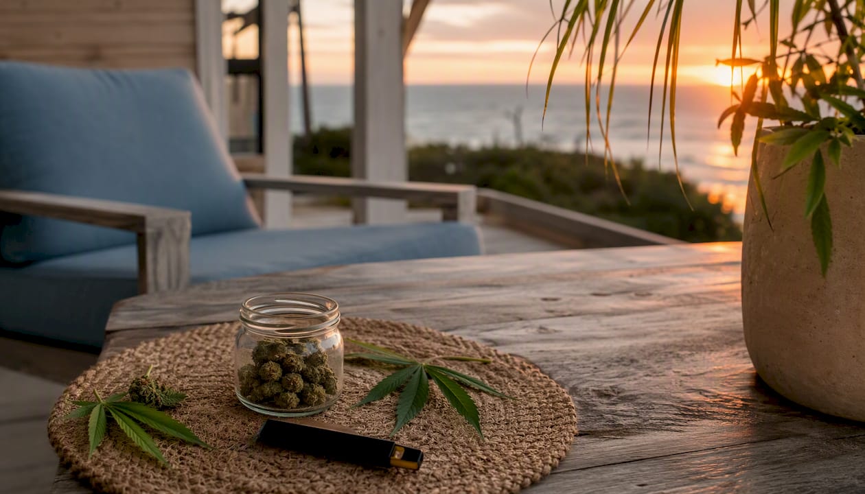 Hemp flower and vape pod on wooden table
