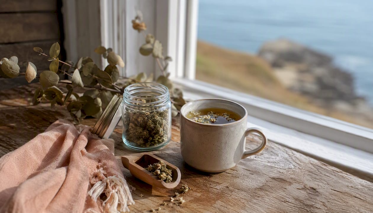 Herbal tea with hemp flowers and natural wellness props