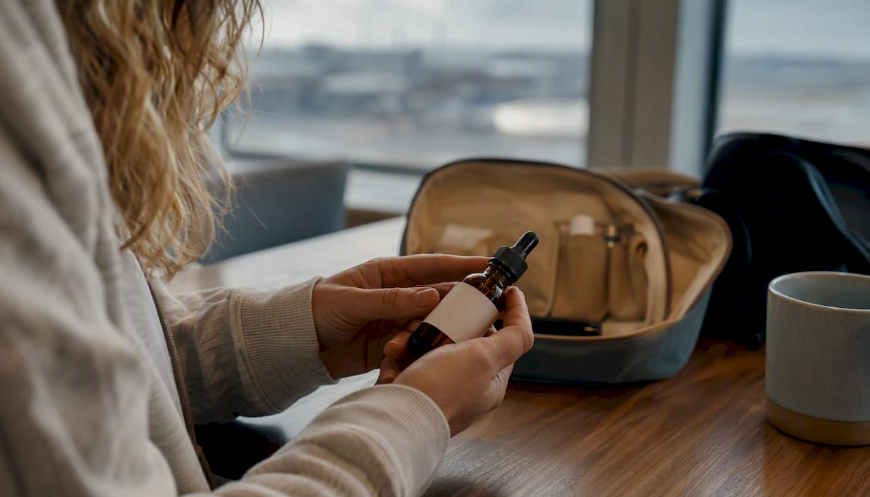 Hands holding tincture bottle and COA at airport table