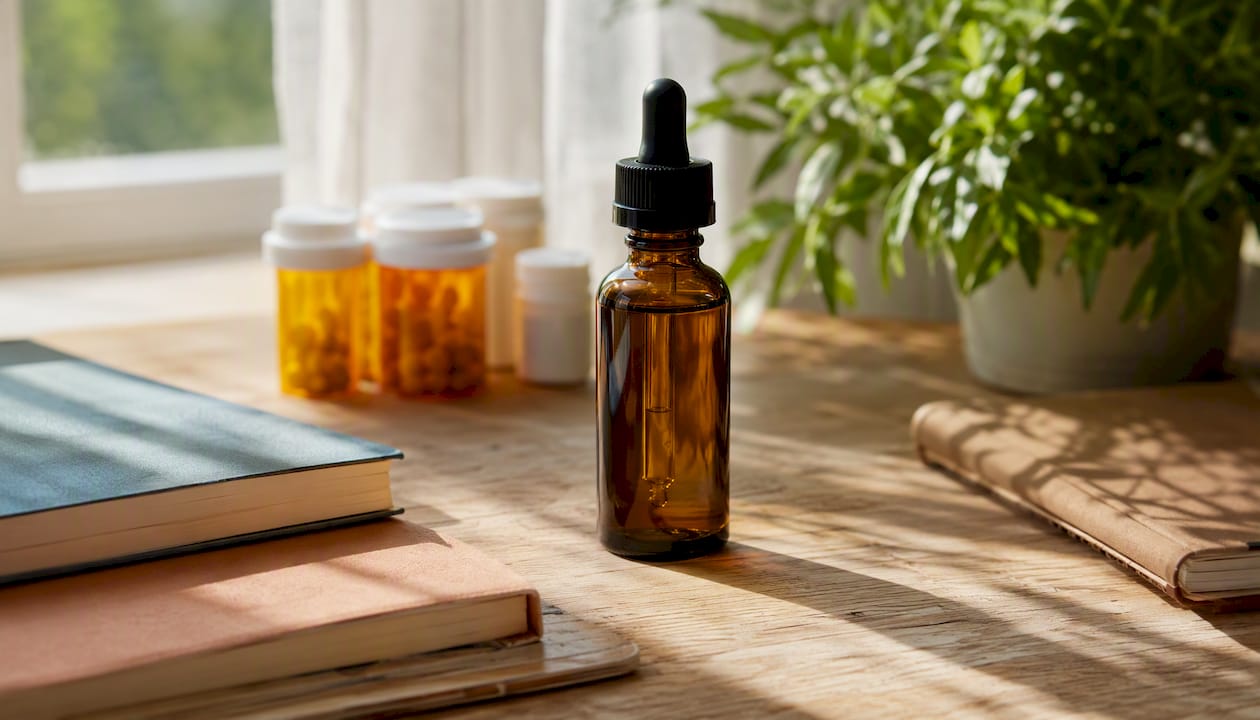Hemp tincture and stimulant pill bottles on table